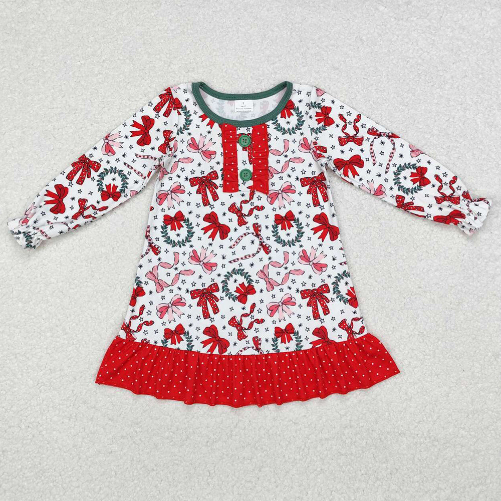 Baby Girls Dress Christmas Red Bows Ruffle Knee Length Gowns Dresses GLD0855