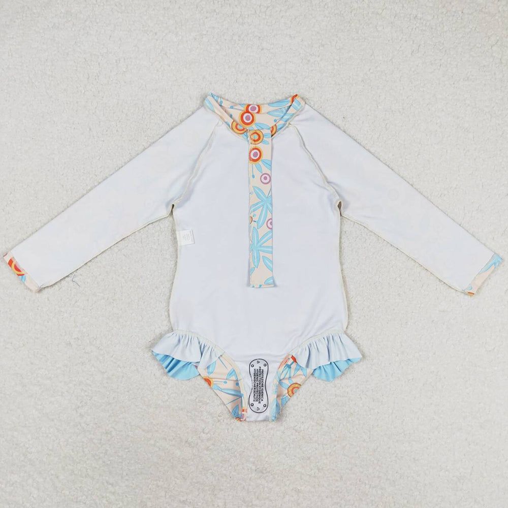 Baby Girls Swimsuits Blue Leaves Flowers Long Sleeve Zip Swimsuits S0242