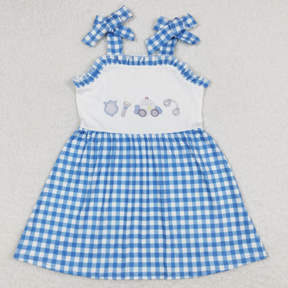 Baby Girls Dress Police Blue Checkered Straps Knee Length Dresses GSD0905