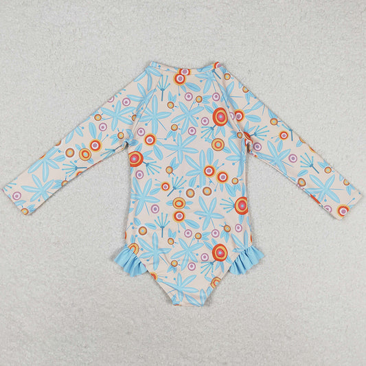 Baby Girls Swimsuits Blue Leaves Flowers Long Sleeve Zip Swimsuits S0242