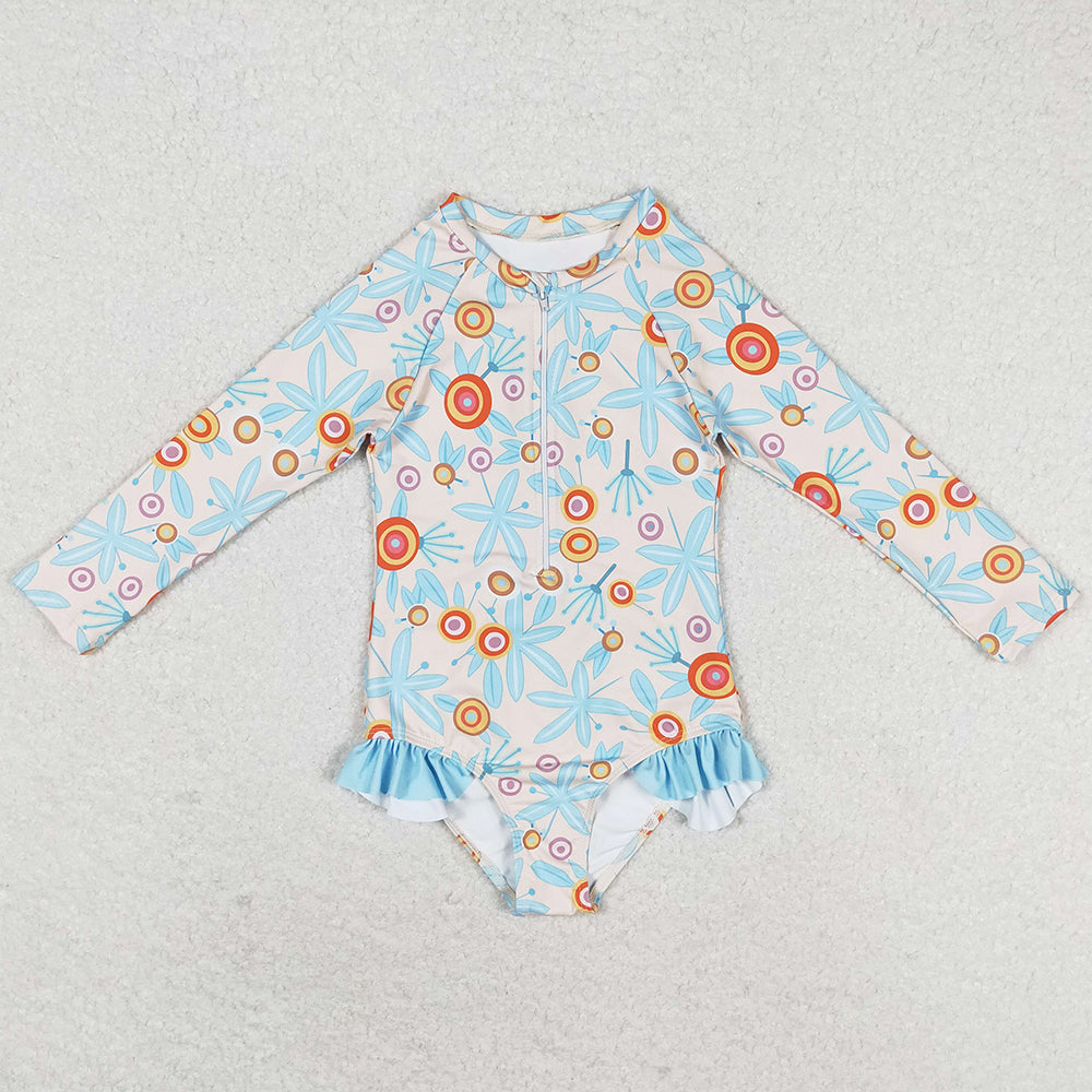 Baby Girls Swimsuits Blue Leaves Flowers Long Sleeve Zip Swimsuits S0242