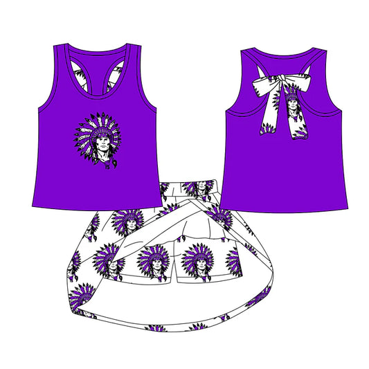 Preorder (moq 5)Baby Girls Purple Indians bow vest team Top Skirt Skort Sets 7.21
