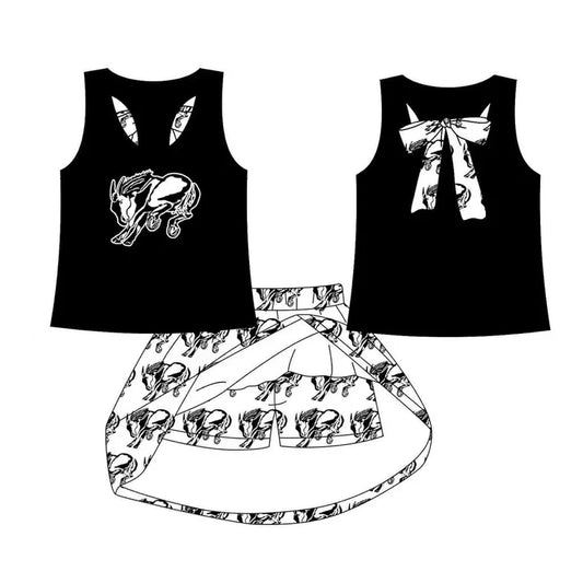 Preorder (moq 5)Baby Girls Black Horse vest team Top Skirt Skort Sets 8.13