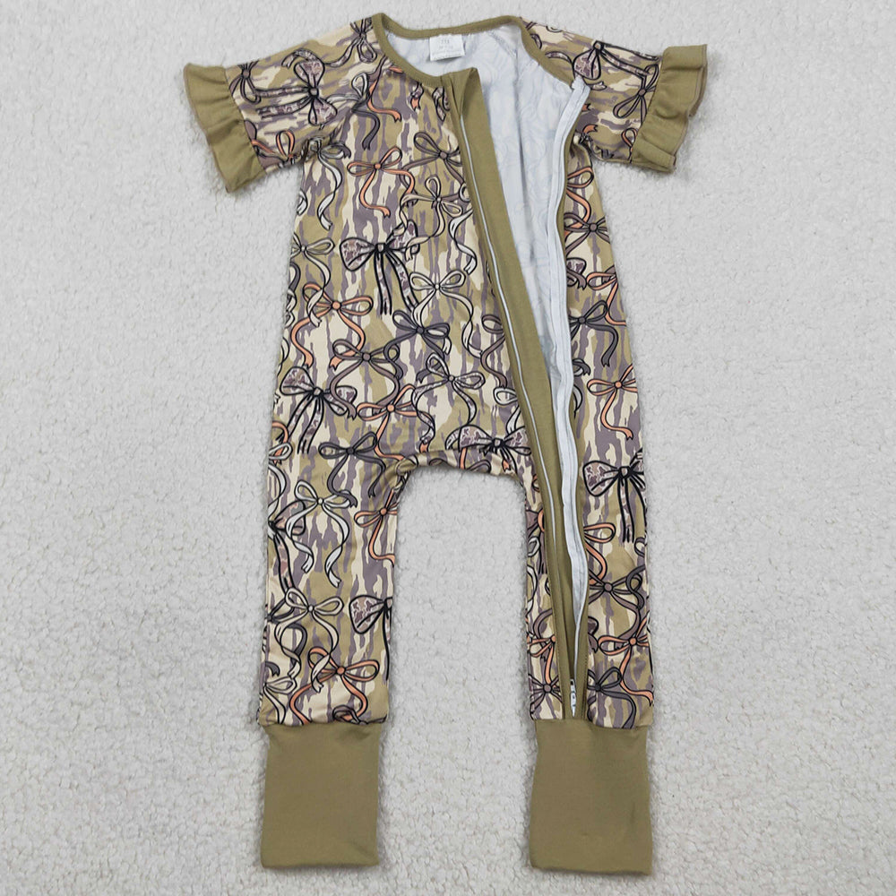 Baby Girls Rompers Southern Olive Camo Bows Two Way Zip Convertible Rompers SR3931