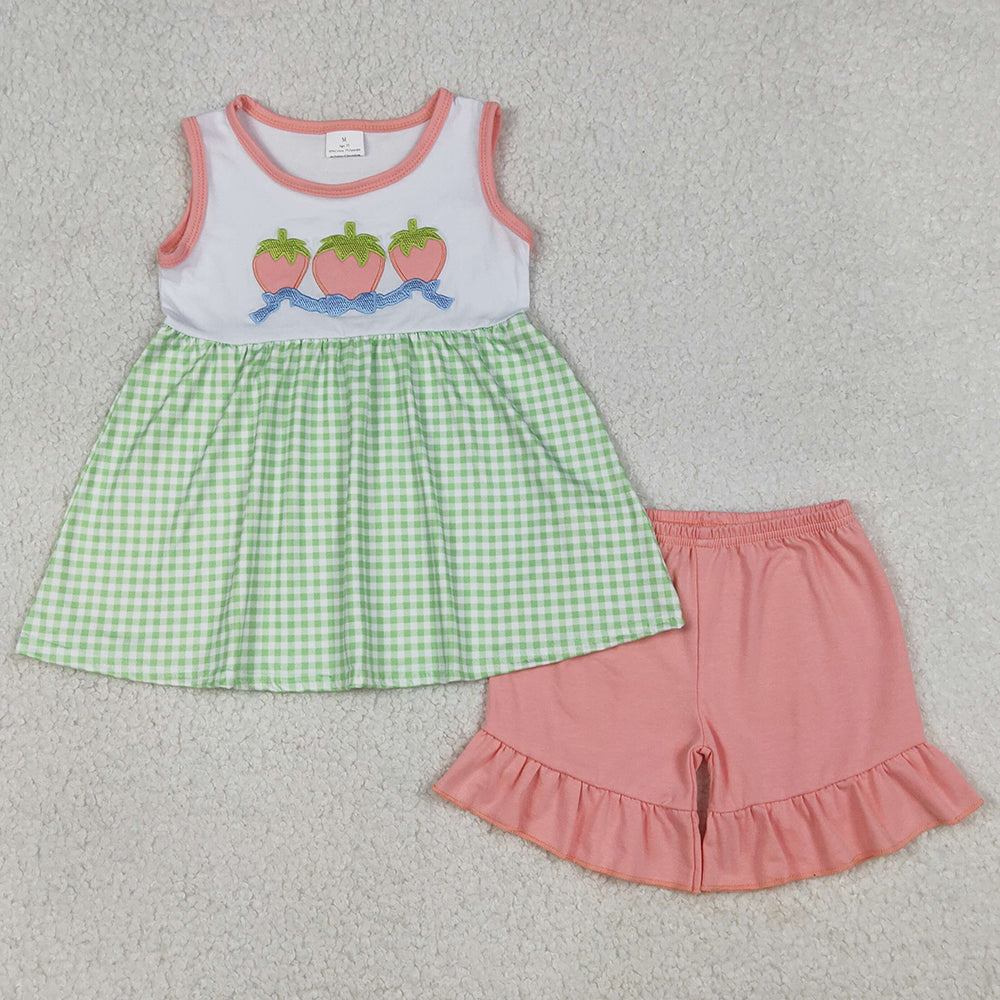 Baby Girls Clothes Embroidery Strawberry Checked Tunic Ruffle Shorts Clothes Sets GSSO2981 1.1