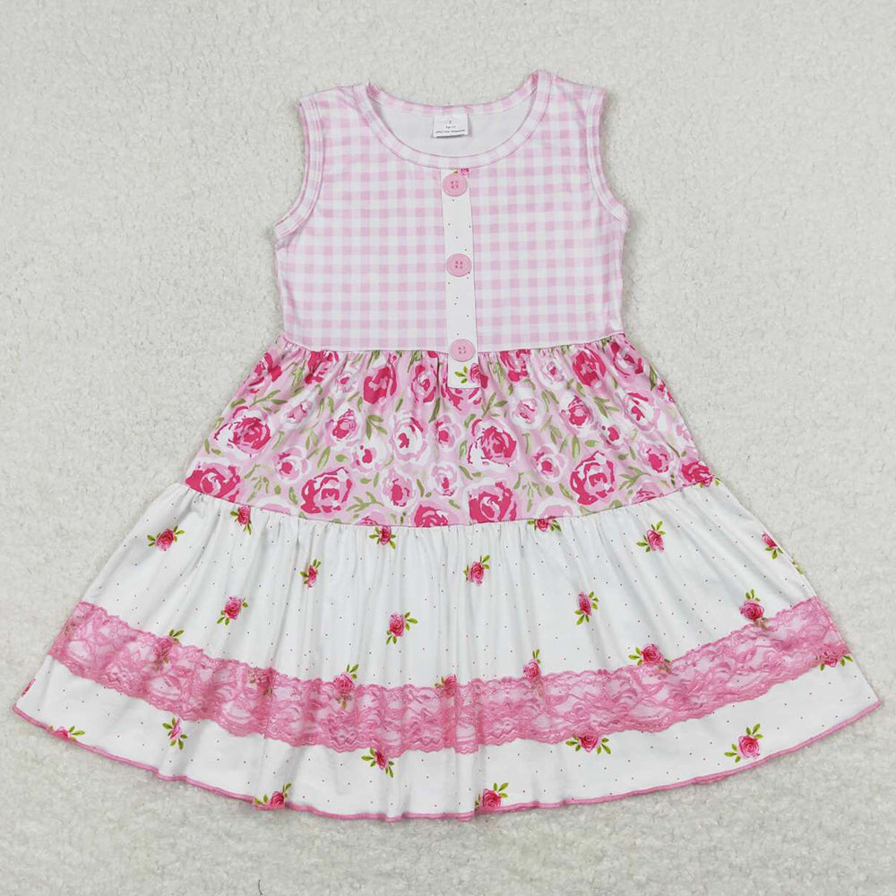 Baby Girls Dress Sleeveless Floral Pink Lace Ruffle Knee Length Dresses GSD0860