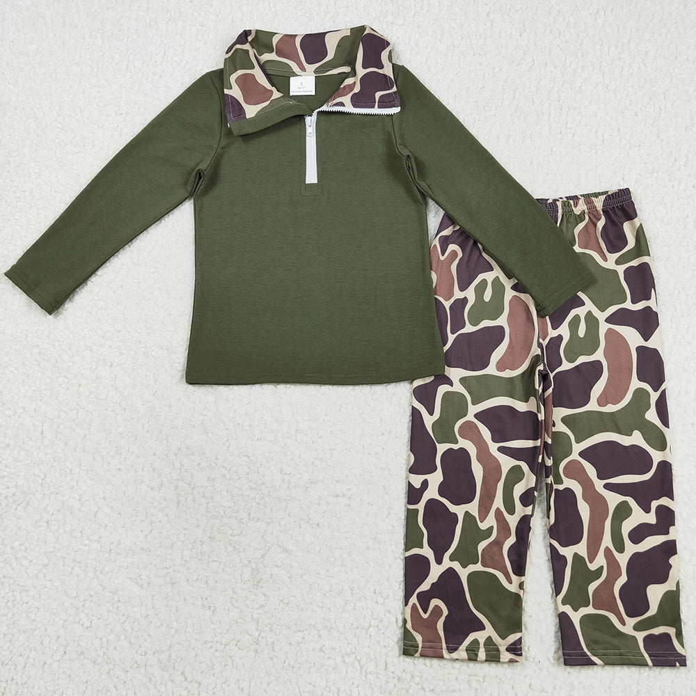 Baby Boys Clothes Dark Green Long Sleeves Zipper Top Camo Pant Western Set BLP1138 8.9