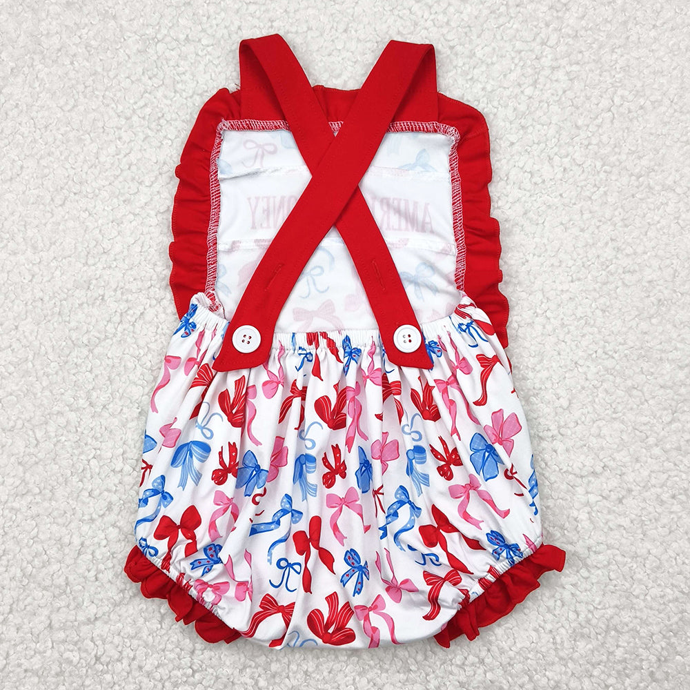 Baby Girls Rompers Red Strap American Babe Blue Bows 4th Of July Rompers SR3048 4.28