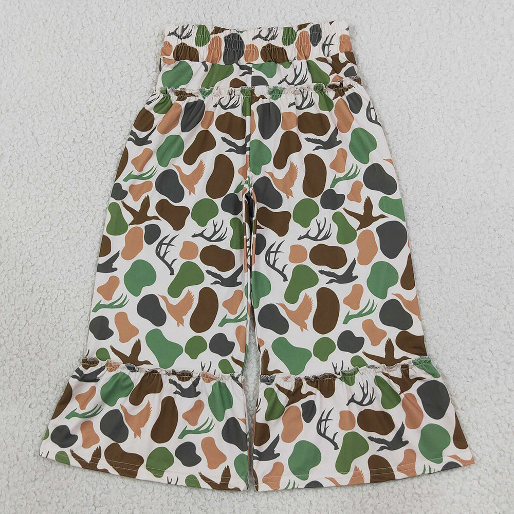 Baby Girls Pants Green Brown Camo Deer Ducks Hunting Ruffle Flare Pants Bottom P1065