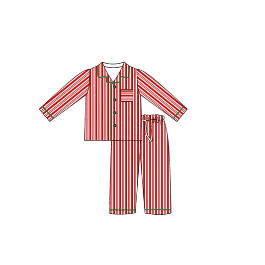 preorder(moq 5) Baby Boys Long Sleeves Red Stripes Pocket Button Top Pants Pajamas Set 7.24