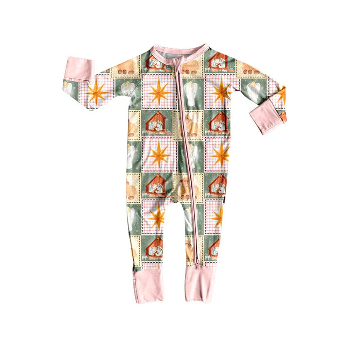 Preorder(moq 5)Baby Girls Pink Plaid Nativity Christmas Zipper Footie Rompers 8.30