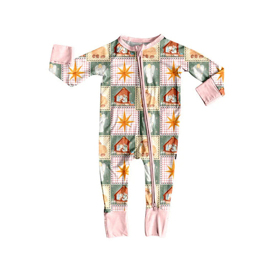 Preorder(moq 5)Baby Girls Pink Plaid Nativity Christmas Zipper Footie Rompers 8.30