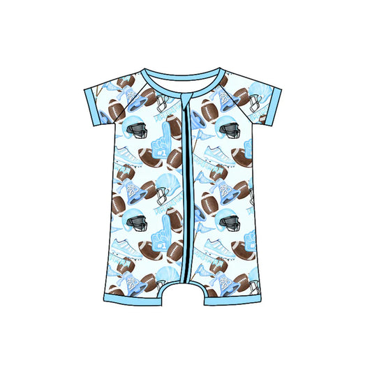 Preorder (moq 5)Baby Boys Blue Short Sleeves Footballs Flags Zipper Rompers 4.24