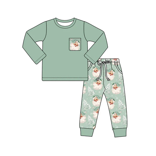 Preorder (moq 5)Baby Boys Aqua Long Sleeves Pocket Top Santa Trees Plaid Pant Set 6.2