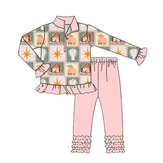 Preorder (moq 5)Baby Girls Pink Plaid Nativity Zipper Pullovers Ruffle Leggings Christmas Set 8.30