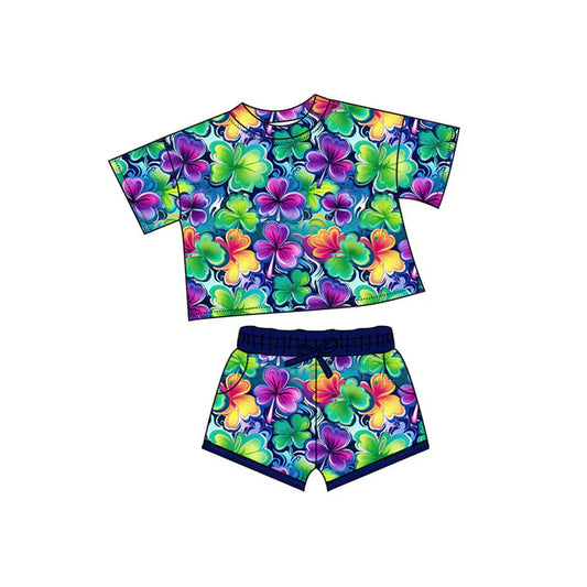 Preorder(moq 5) Baby Girls Colorful Clovers Top Pockets Shorts St Patrick Clothes Sets 10.4