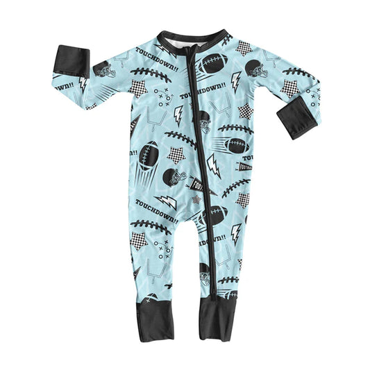 Preorder (moq 5)Baby Boys Blue Footballs Stars Team Zipper Footie Rompers 9.4