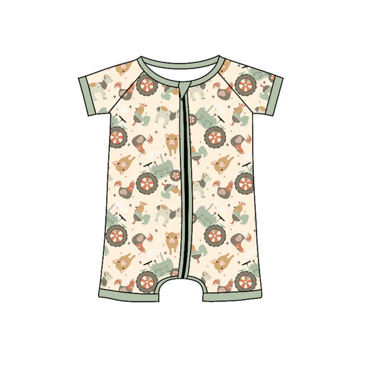 Preorder (moq 5)Baby Boys Green Short Sleeves Chicks Pigs Farm Zipper Rompers 4.24