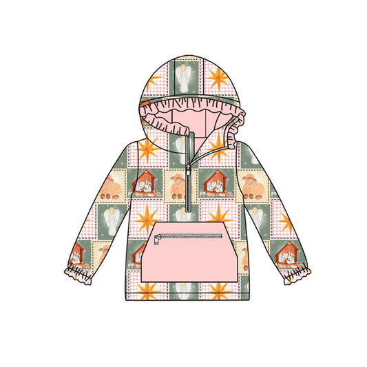 Preorder(moq 5)Baby Girls Pink Plaid Nativity Pockets Zipper Christmas Hoodie Tops 8.30