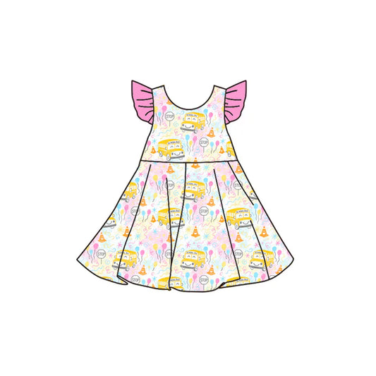 Preorder (moq 5)Baby Girls Pink Flutter Sleeves School Bus Balloons Knee Length Dresses 6.12