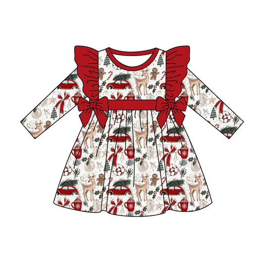 Preorder (moq 5)Baby Girls Long Ruffle Sleeves Red Bows Deer Gingerbread Knee Length Dress 7.28