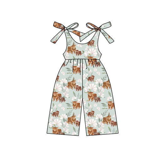 Preorder moq 5 Baby Girls Blue Sleeveless Highland Cows Flowers Jumpsuits 4.15