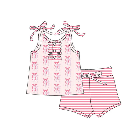 Preorder (moq 5)Baby Girls Peach Strap Button Bows Tunic Stripe Short Set 4.25