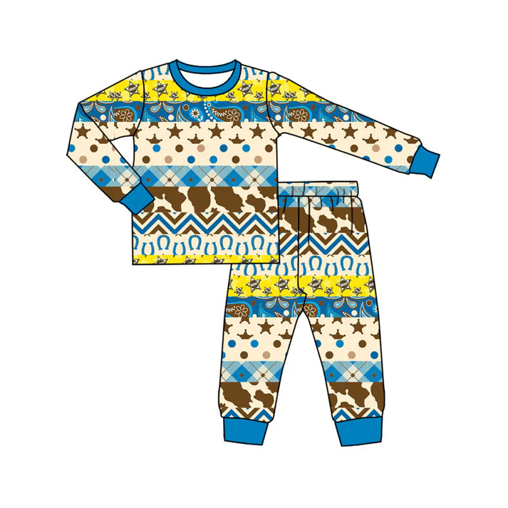 Preorder (moq 5)Baby Boys Blue Short Sleeves Stars Camo Aztec Top Pant Pajamas Set 6.2