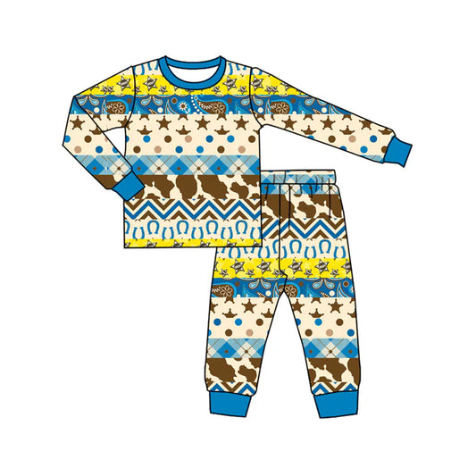 Preorder (moq 5)Baby Boys Blue Short Sleeves Stars Camo Aztec Top Pant Pajamas Set 6.2