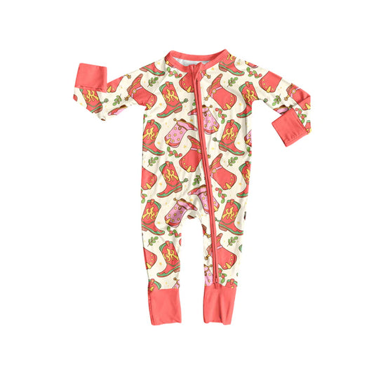 Preorder (moq 5)Baby Girls Long Sleeves Peach Boots Holly Plaid Zipper Romper 7.2