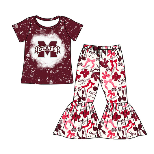 Preorder MOQ 5 bleached maroon M top bow pants girls team clothes 8.25
