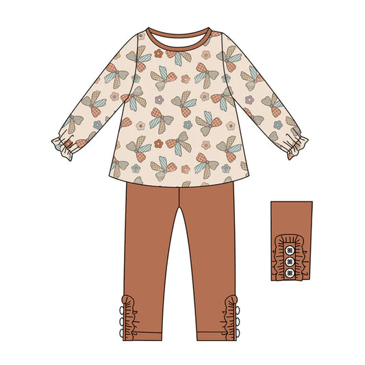 Preorder (moq 5)Baby Girls Brown Long Ruffle Sleeves Bows Flowers Tunic Legging Pant Sets 6.11