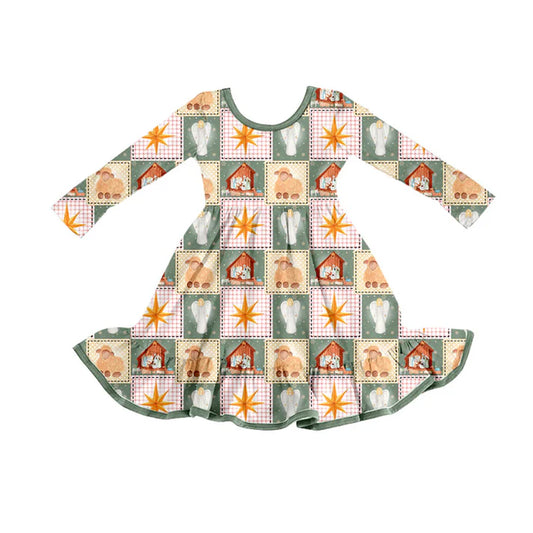 Preorder (moq 5)Baby Girls Green Plaid Nativity Christmas Ruffle Knee Length Dresses 8.30