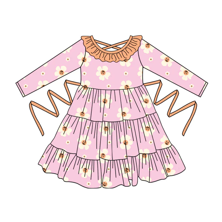 Preorder moq 5 Baby Girls Pink Long Sleeves Smiles Flowers With Belt Ruffle Knee Length Dresses 5.2