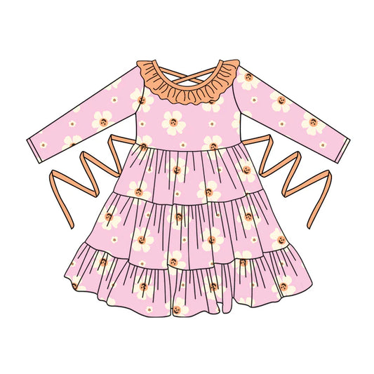 Preorder moq 5 Baby Girls Pink Long Sleeves Smiles Flowers With Belt Ruffle Knee Length Dresses 5.2