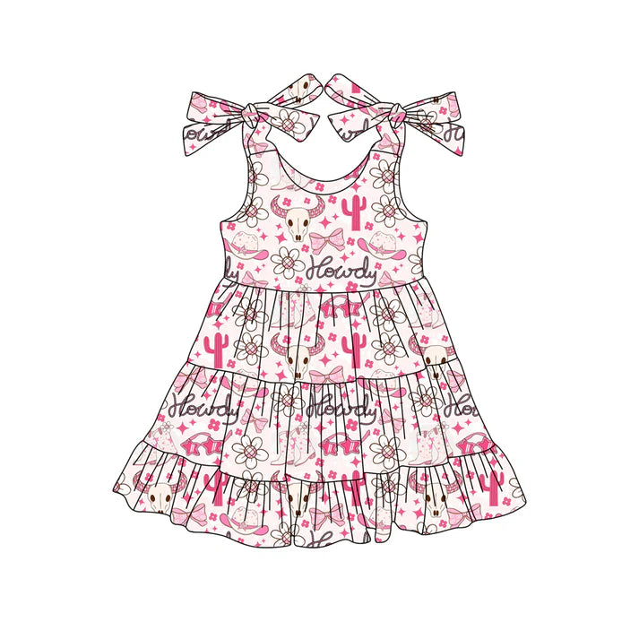 Preorder (moq 5)Baby Girls Bows Strap Bull Skull Flowers Howdy Ruffle Knee Length Dresses 6.2