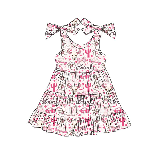 Preorder (moq 5)Baby Girls Bows Strap Bull Skull Flowers Howdy Ruffle Knee Length Dresses 6.2
