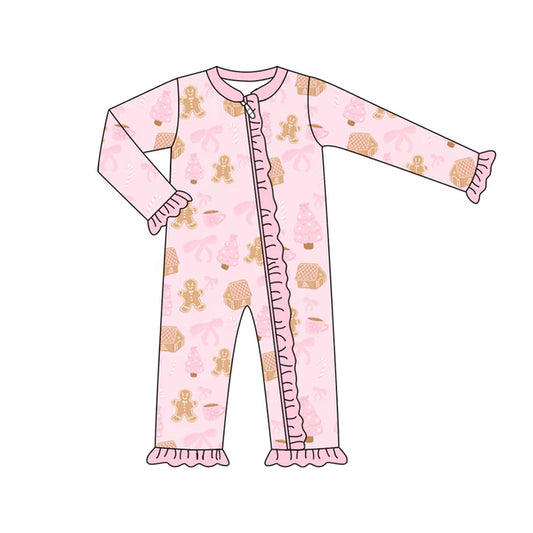 Preorder (moq 5)Baby Girls Long Sleeves Pink Bows Gingerbread Trees Ruffle Zipper Romper 7.2