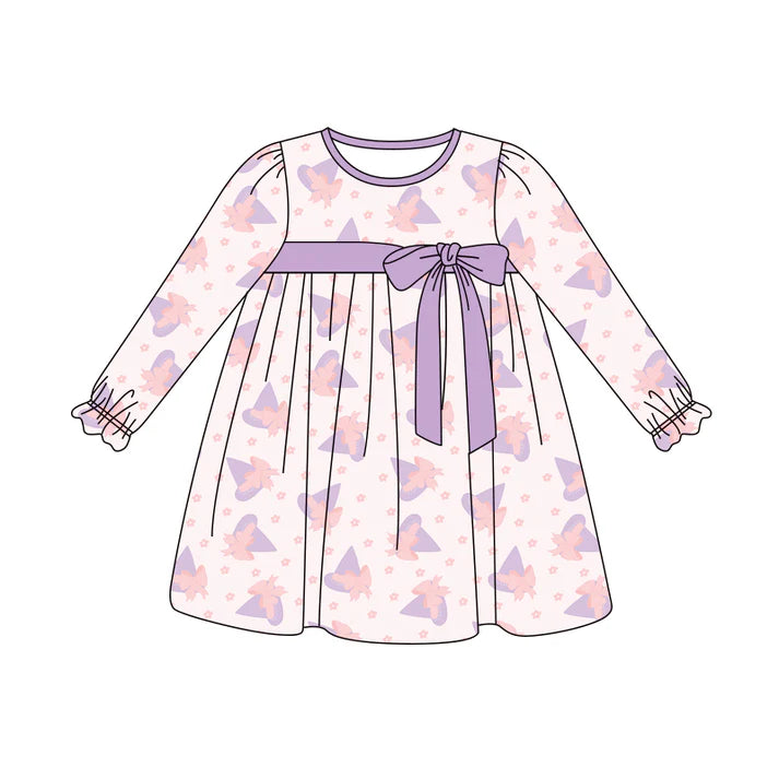 Preorder (moq 5)Baby Girls Long Ruffle Sleeves Lavender Magic Hats Stars Knee Length Dresses 5.29
