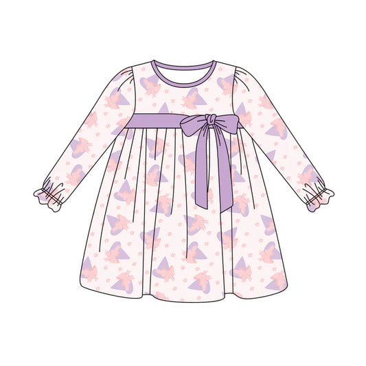 Preorder (moq 5)Baby Girls Long Ruffle Sleeves Lavender Magic Hats Stars Knee Length Dresses 5.29