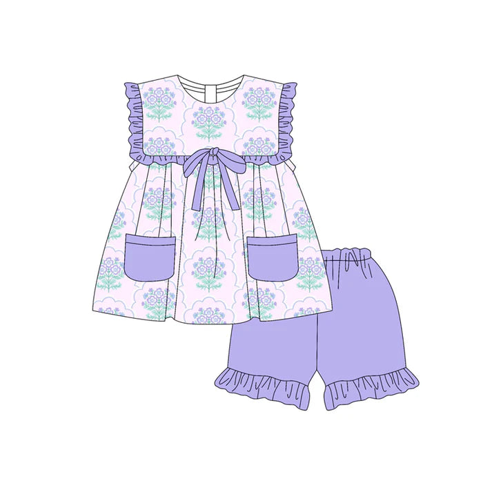 Preorder moq 5 Baby Girls Sleeveless Purple Floral Pockets Tunic Ruffle Short Set 4.17