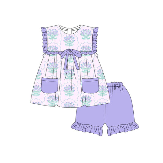 Preorder moq 5 Baby Girls Sleeveless Purple Floral Pockets Tunic Ruffle Short Set 4.17