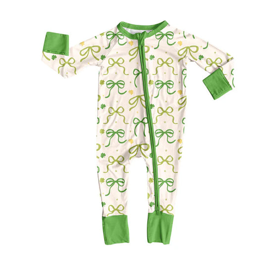 Preorder (moq 8)Baby Girls Green Bows Clovers St Patrick Zipper Footie Rompers 9.13