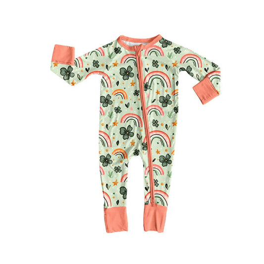 Preorder (moq 8)Baby Girls Clovers Rainbows St Patrick Zipper Footie Rompers 9.10