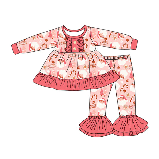 Preorder (moq 5)Baby Girls Long Sleeves Peach Santa Christmas Trees Button Tunic Bell Bott 7.26