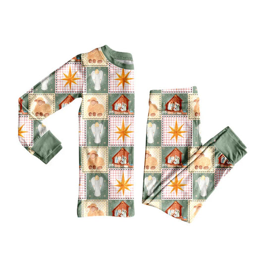 Preorder (moq 5)Baby Girls Green Plaid Nativity Top Pants Christmas Pajamas Clothes Set 8.30