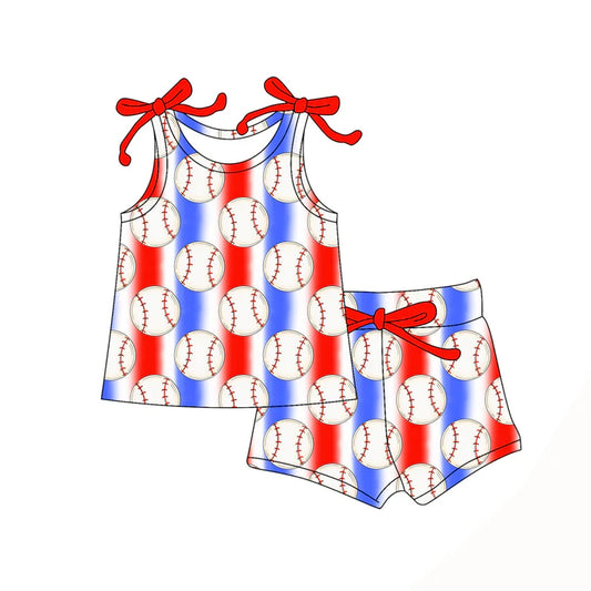 Preorder moq 5 Baby Girls Bows Sleeveless Baseballs Blue Red Stripe Top Short Set 4.16
