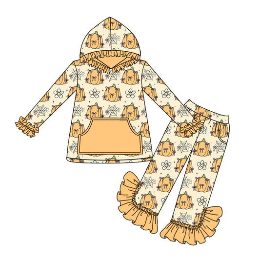Preorder (moq 5)Baby Girls Yellow Long Ruffle Sleeves Pumpkins Flowers Pocket Hoodies Pant Set 6.17