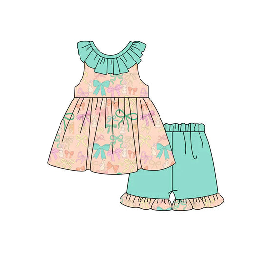Preorder (moq 8)Baby Girls Colorful Bows Rabbits Tunic Ruffle Shorts Easter Clothes Sets 9.18