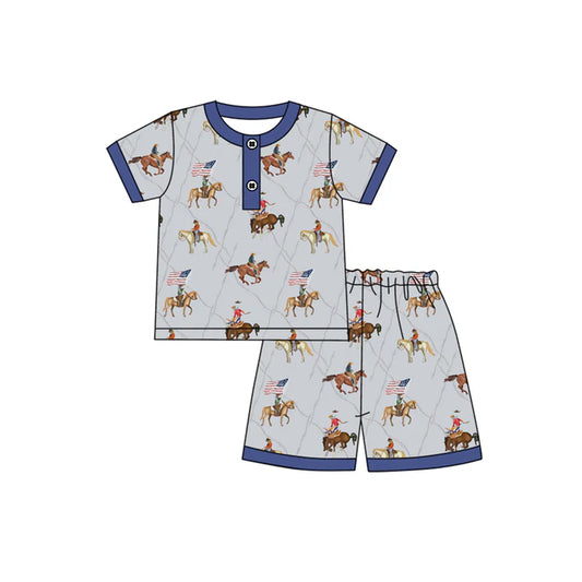 Preorder moq 5 Baby Boys Horse Rodeo Flag Button Top Short 4th Of July Pajamas Set 4.14
